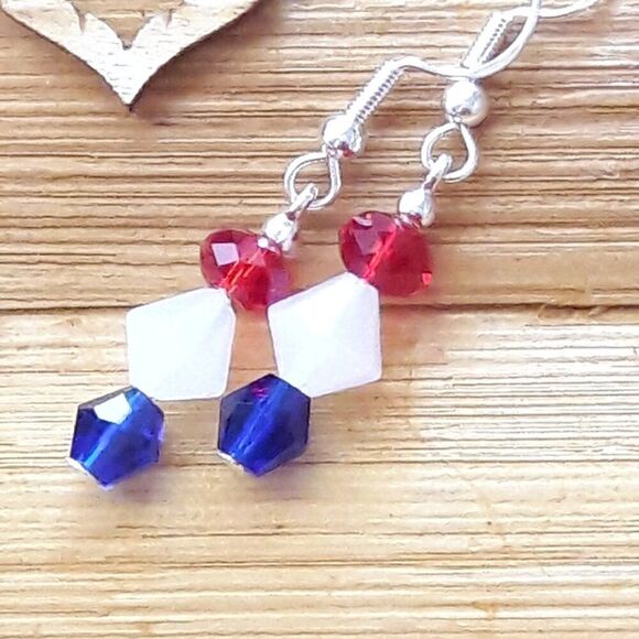 Hand Crafted Jewelry - Boho Earrings 416# Red White Blue SilverHooks925Stamp Bohemian Red ArtisanMadeCr